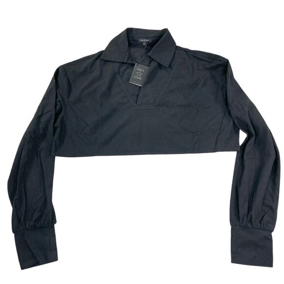 Area Stars Micro Waffle Cropped Top Black Long Sleeve V Neck Collar Size M NEW - Picture 1 of 8